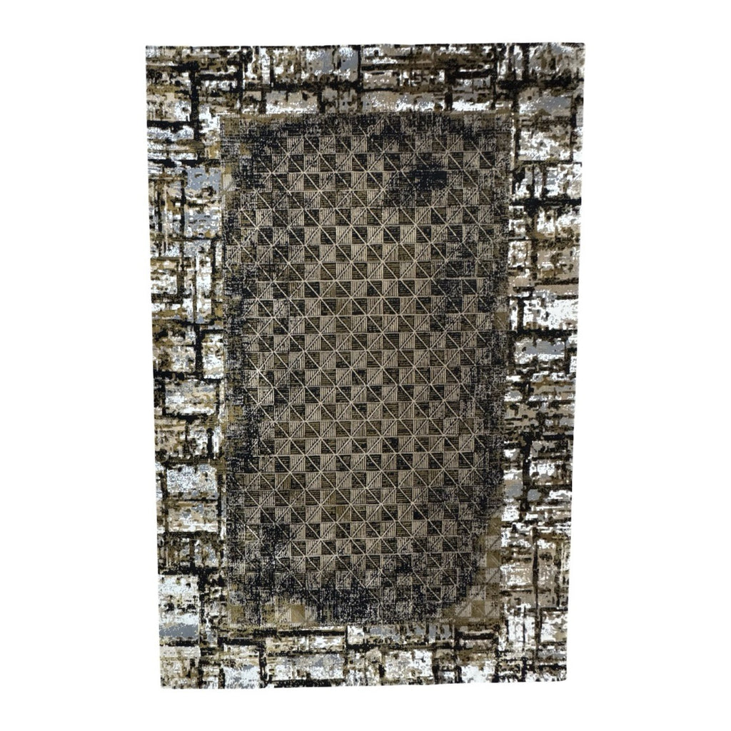 230 x 160 cm Black & Brown Geometric Pattern Distressed Rug