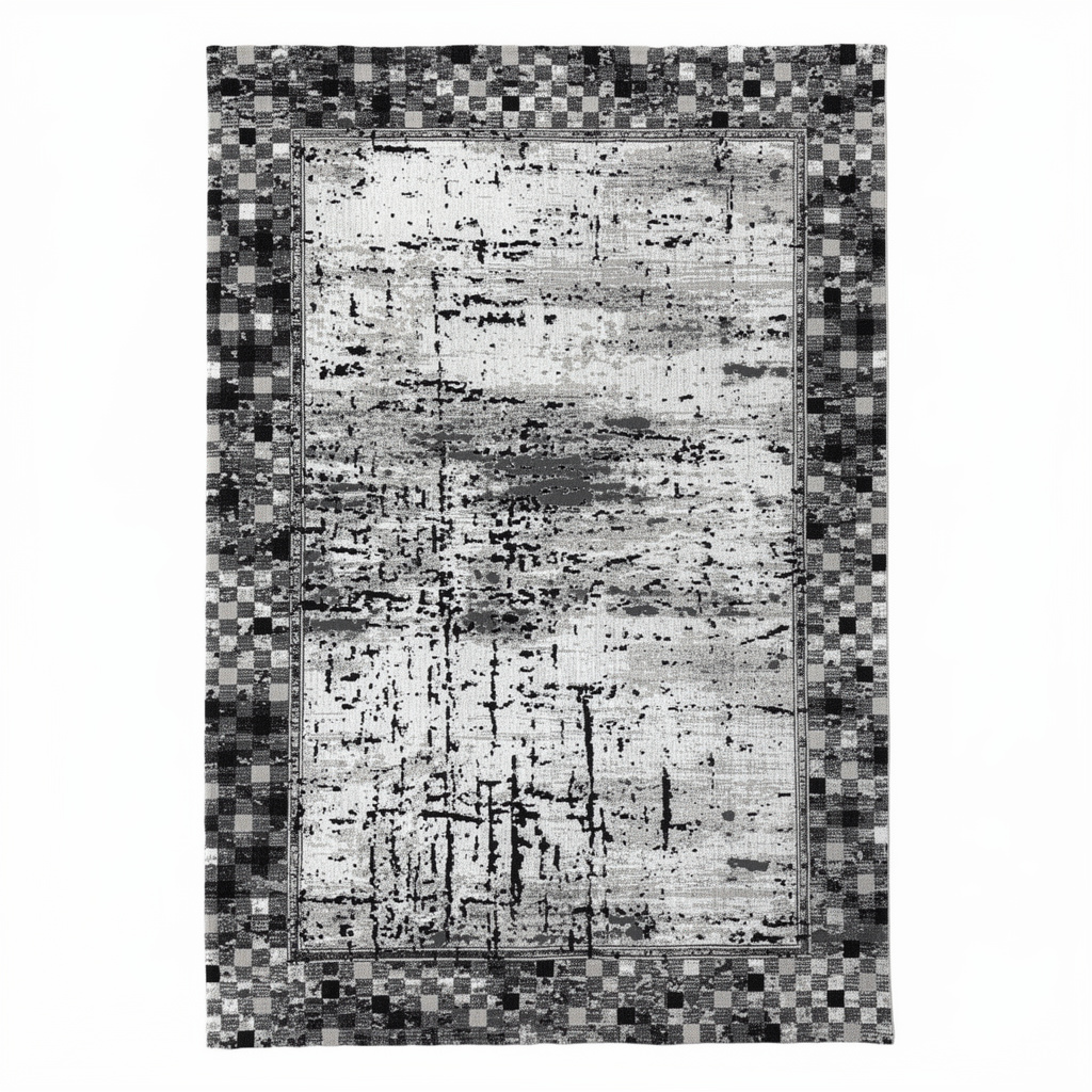 230 x 160 cm Black Grey Check Border Abstract Distressed Rug