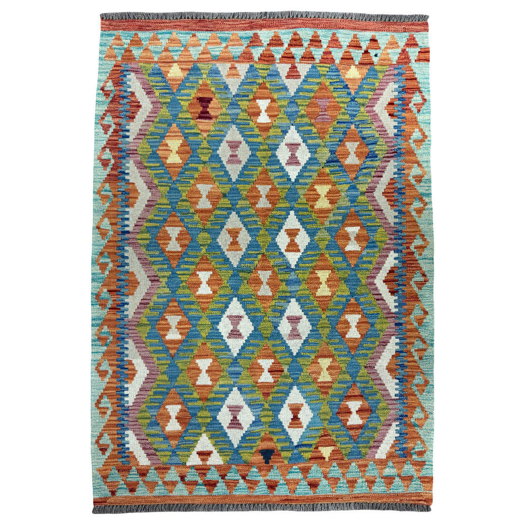 154 × 110 cm Hand-Woven Afghan Kilim Rug – Wool Flatweave