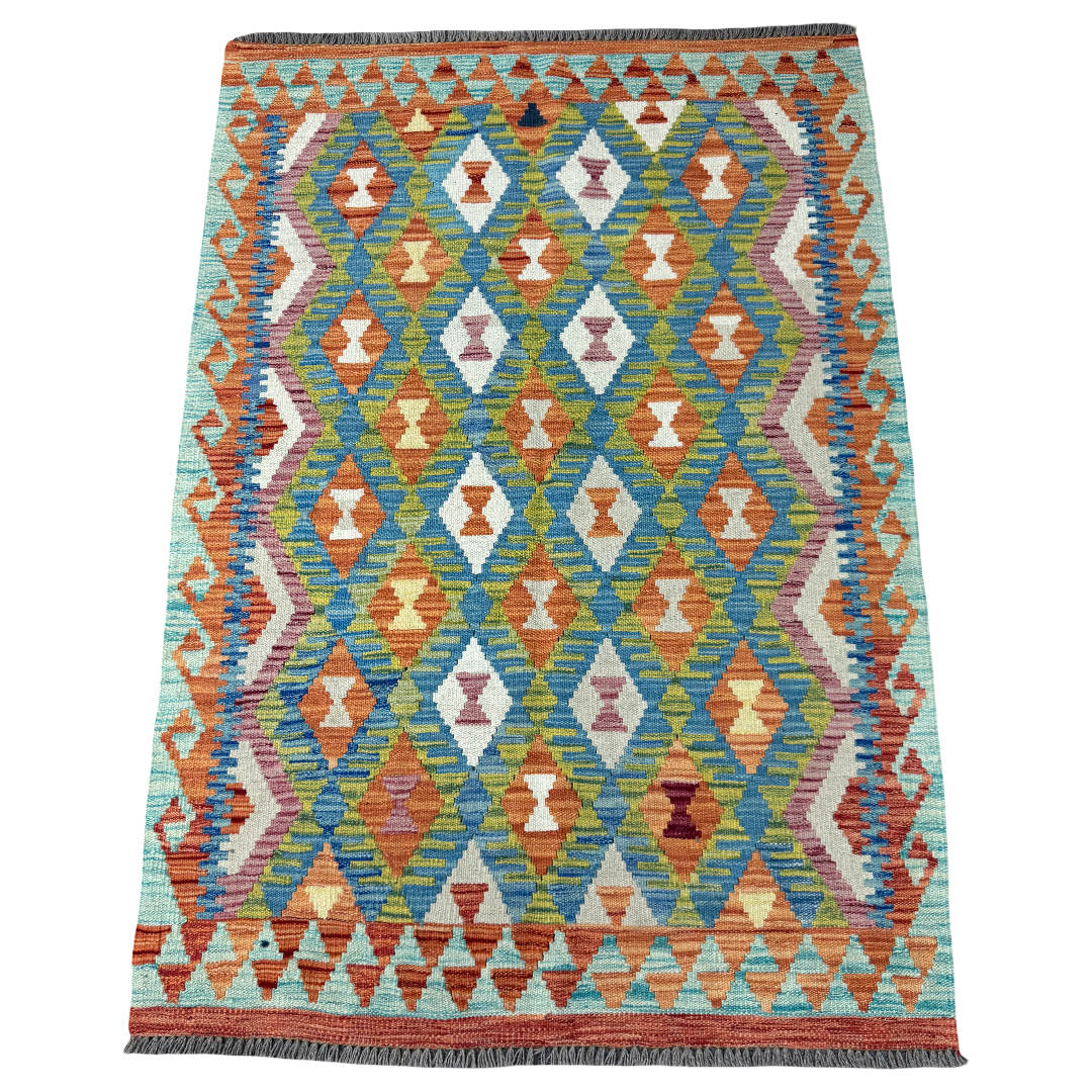 154 × 110 cm Hand-Woven Afghan Kilim Rug – Wool Flatweave