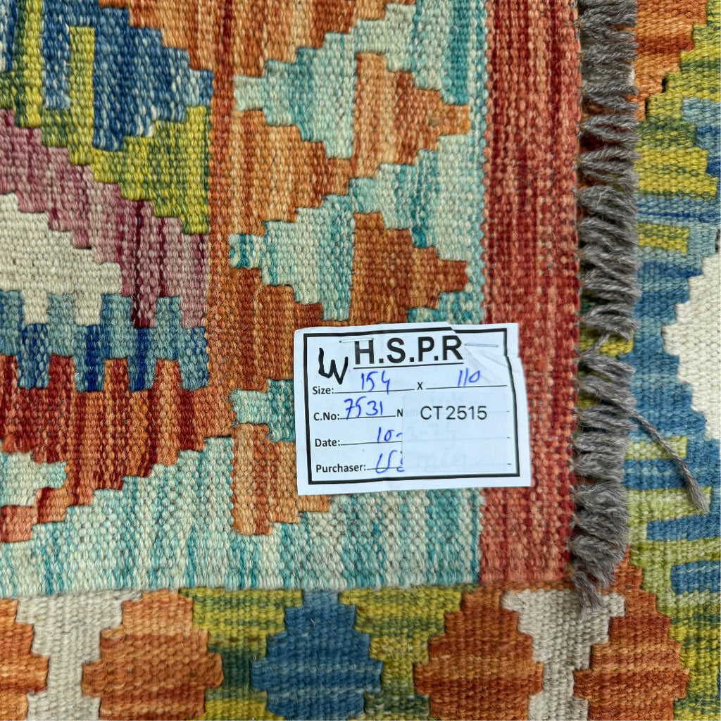 154 × 110 cm Hand-Woven Afghan Kilim Rug – Wool Flatweave