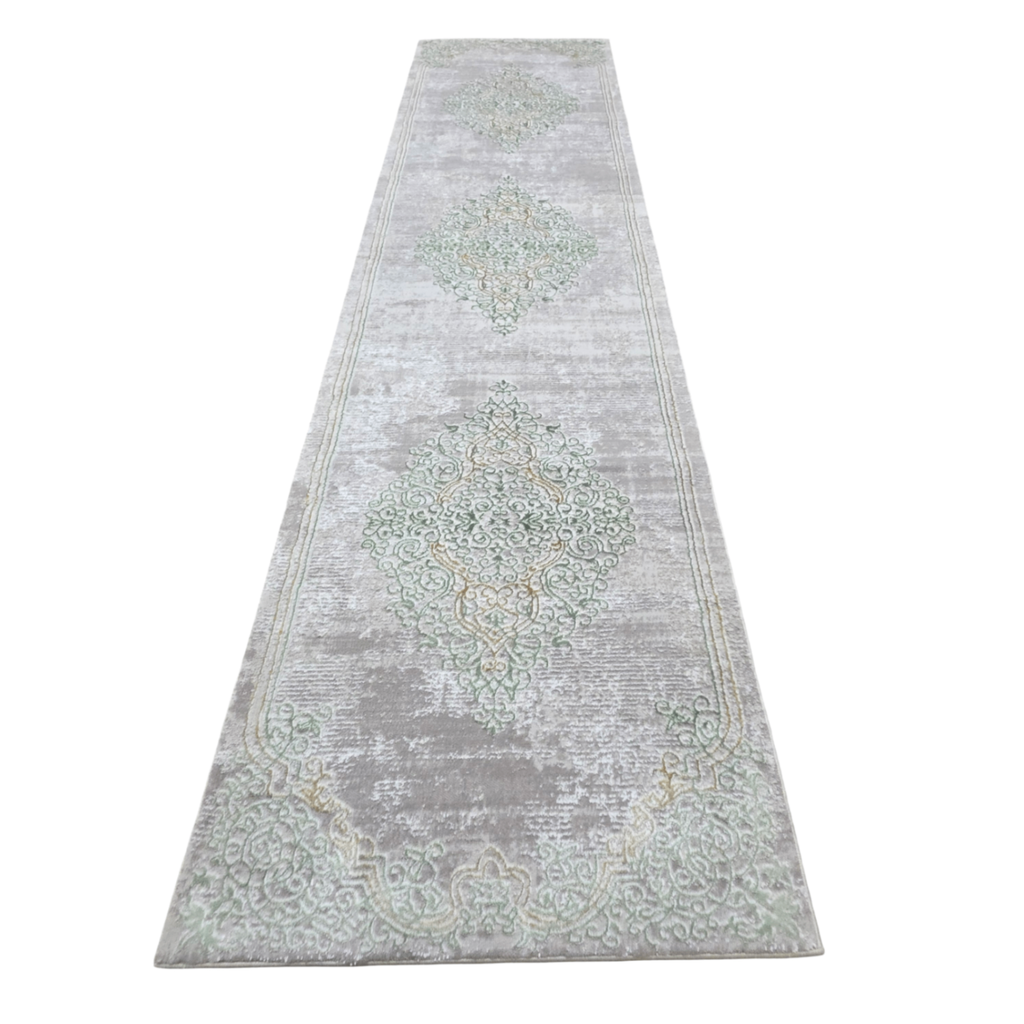 Cream and green modern runner rug detail