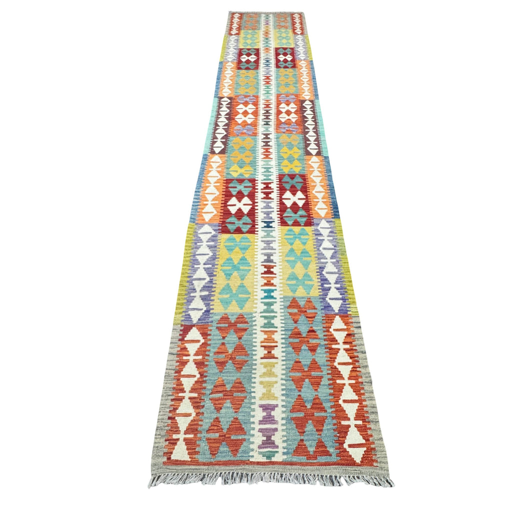 400 x 82 cm Hand-Woven Afghan Kilim Runner Rug – Wool Flatweave