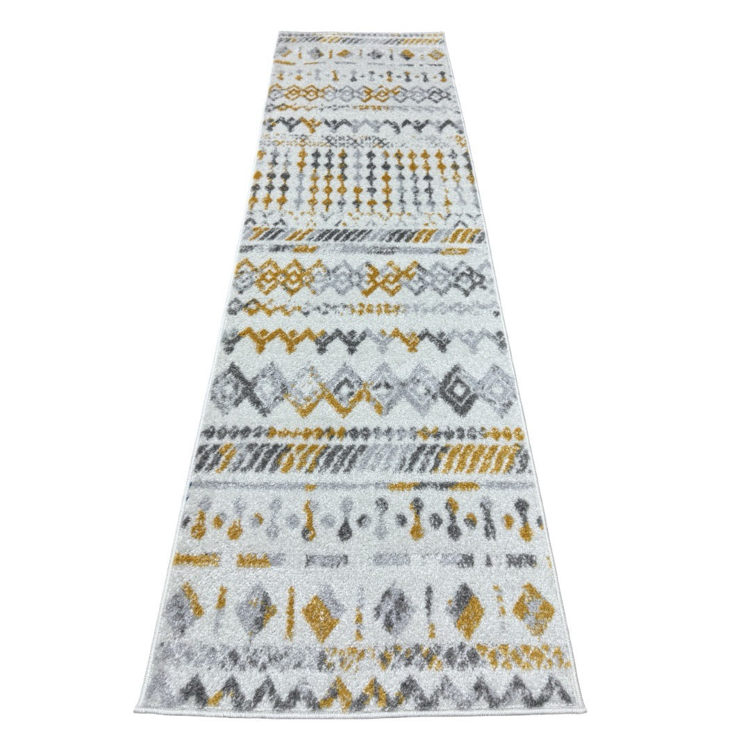 213 x 61 cm Cream & Gold Tribal Geometric Runner Rug