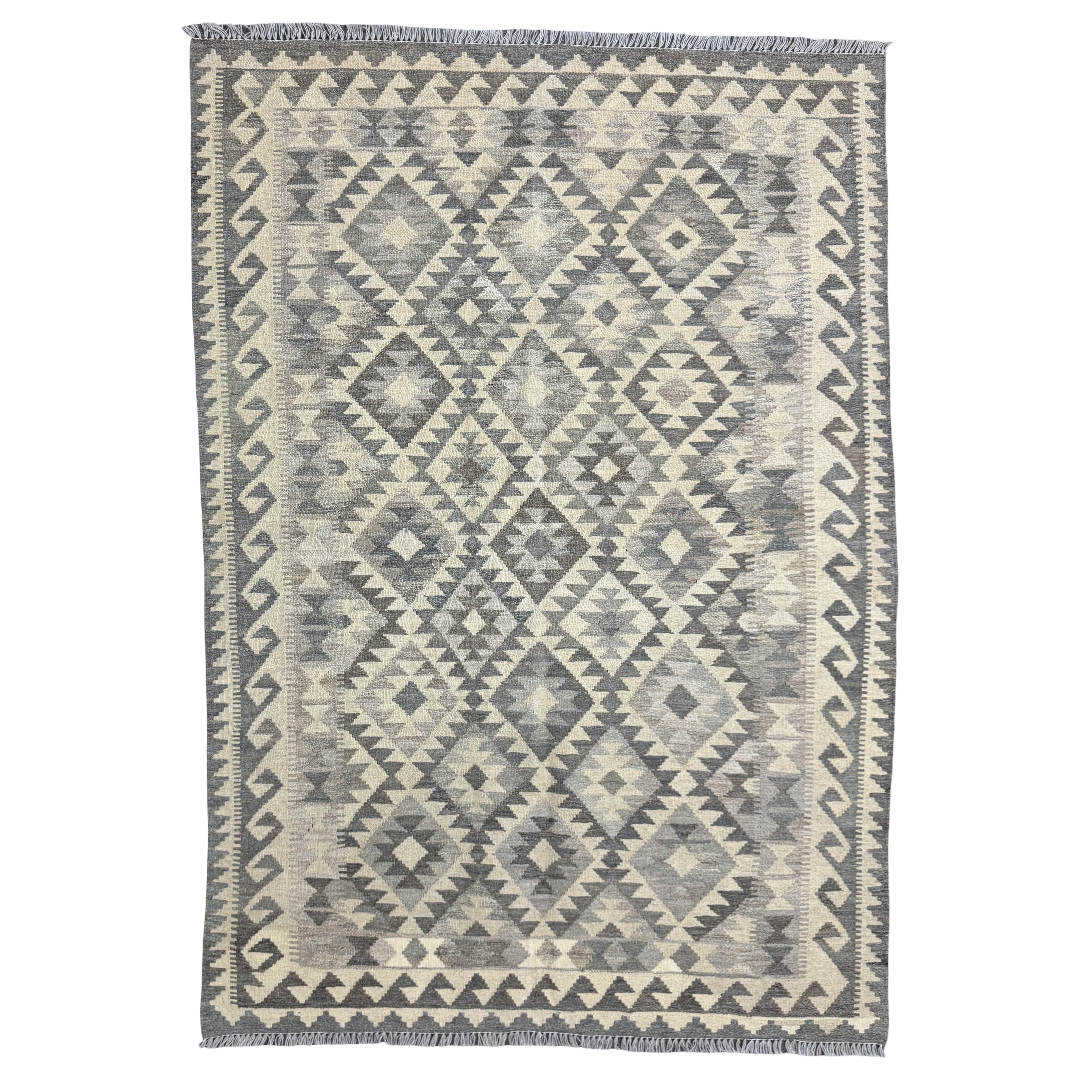 206 × 143 cm Hand-Woven Afghan Kilim Rug – Wool Flatweave