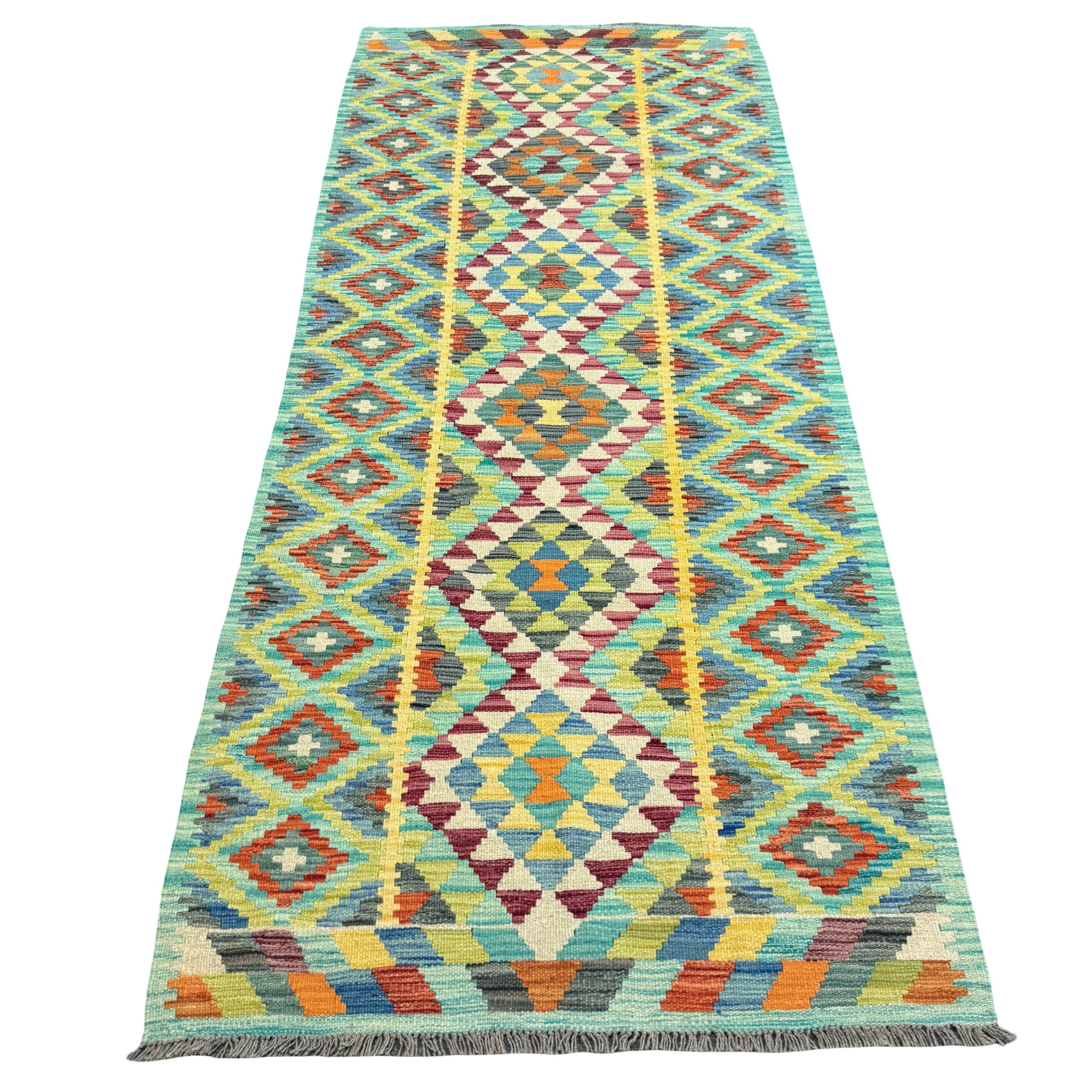 235 x 102 cm Hand-Woven Afghan Kilim Runner Rug – Wool Flatweave