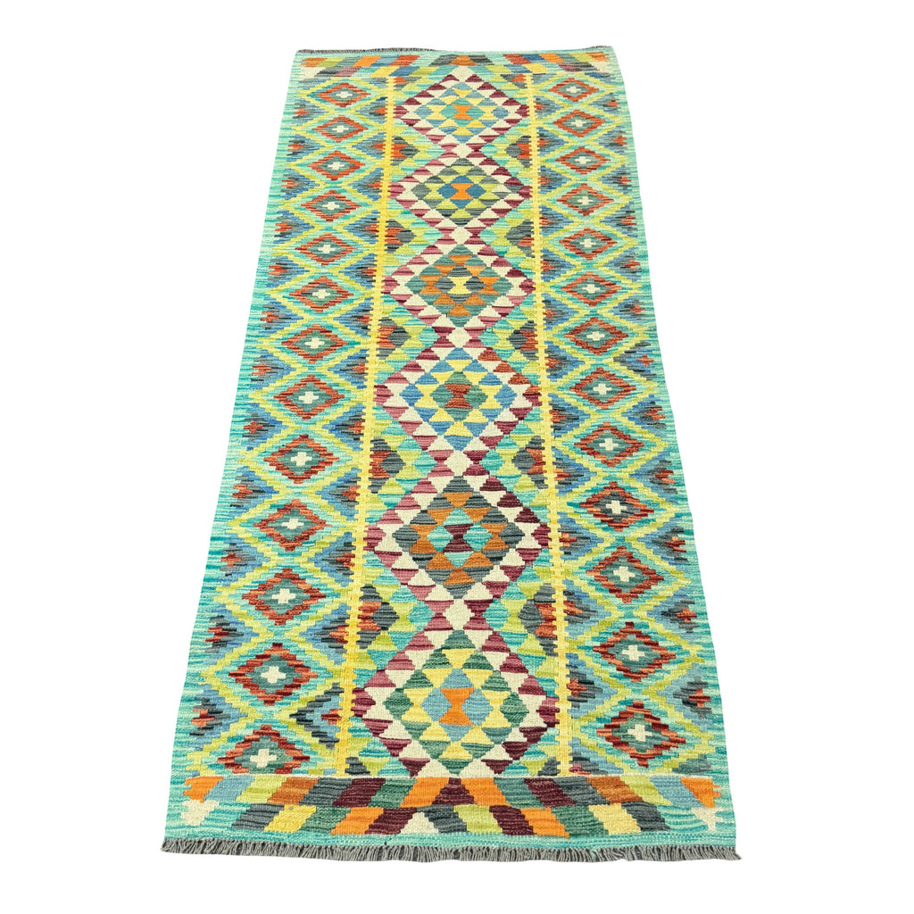 235 x 102 cm Hand-Woven Afghan Kilim Runner Rug – Wool Flatweave