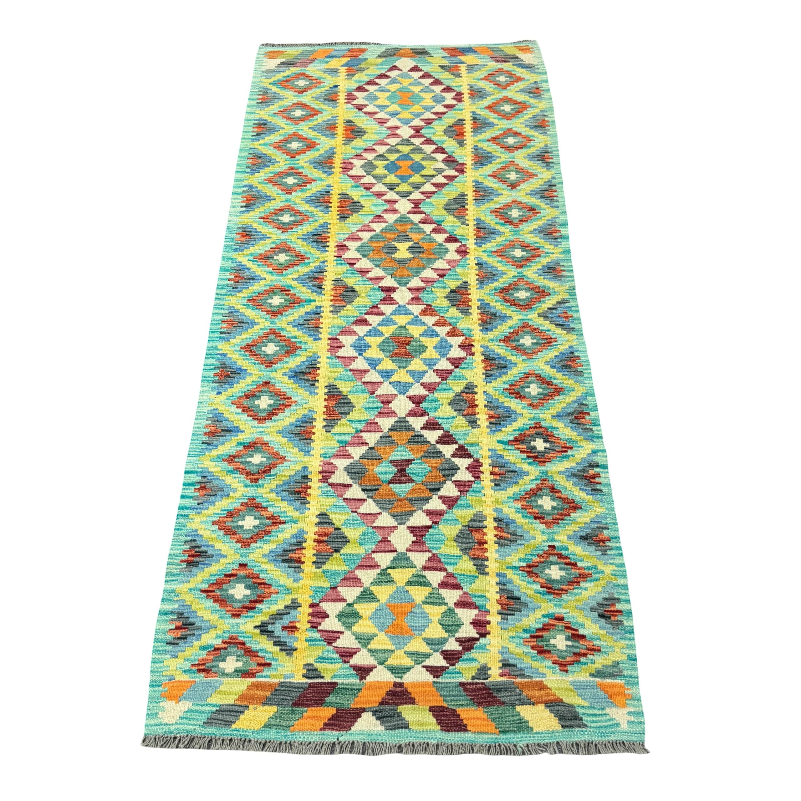 235 x 102 cm Hand-Woven Afghan Kilim Runner Rug – Wool Flatweave