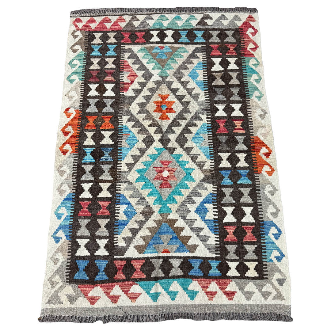 150 × 103 cm Hand-Woven Afghan Kilim Rug – Wool Flatweave