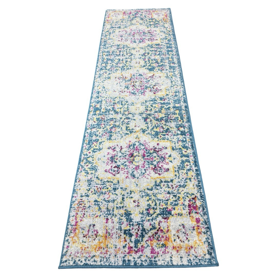 213 x 61 cm Baby Blue & Yellow Persian Vintage Runner Rug