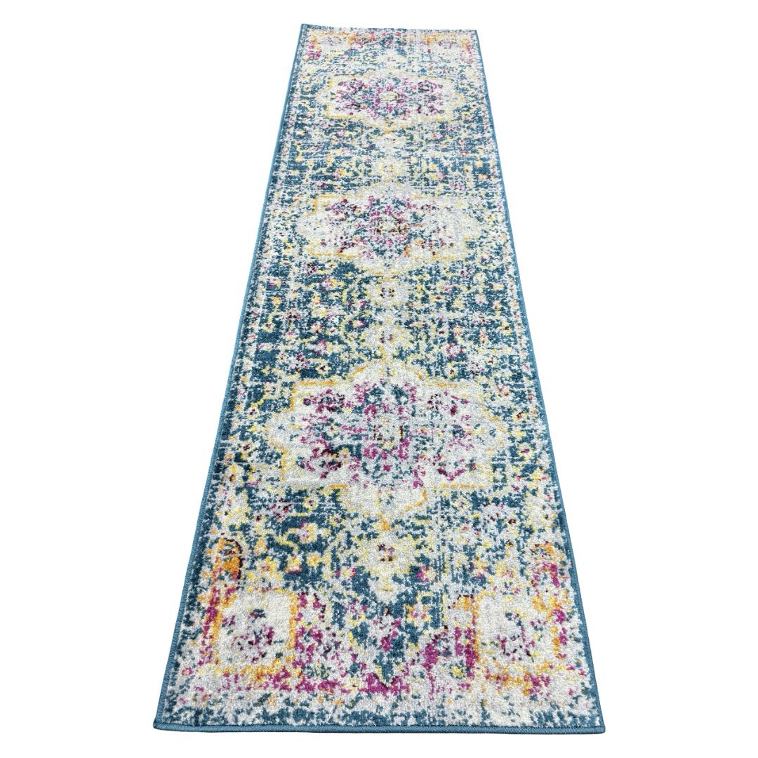213 x 61 cm Baby Blue & Yellow Persian Vintage Runner Rug