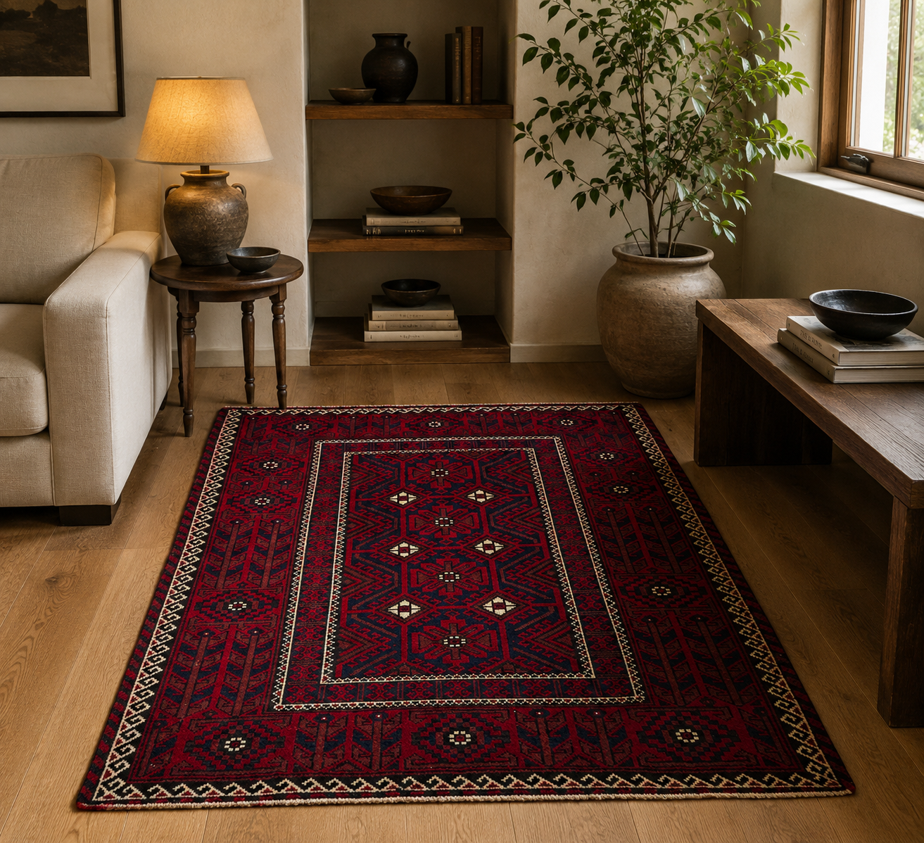 140 x 120 cm Hand-Knotted Persian Baluch Wool Rug