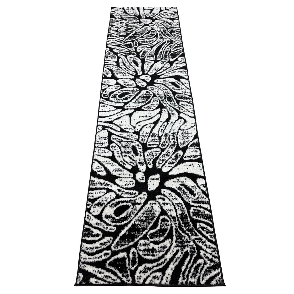 213 x 61 cm Black & White Botanical Floral Runner Rug