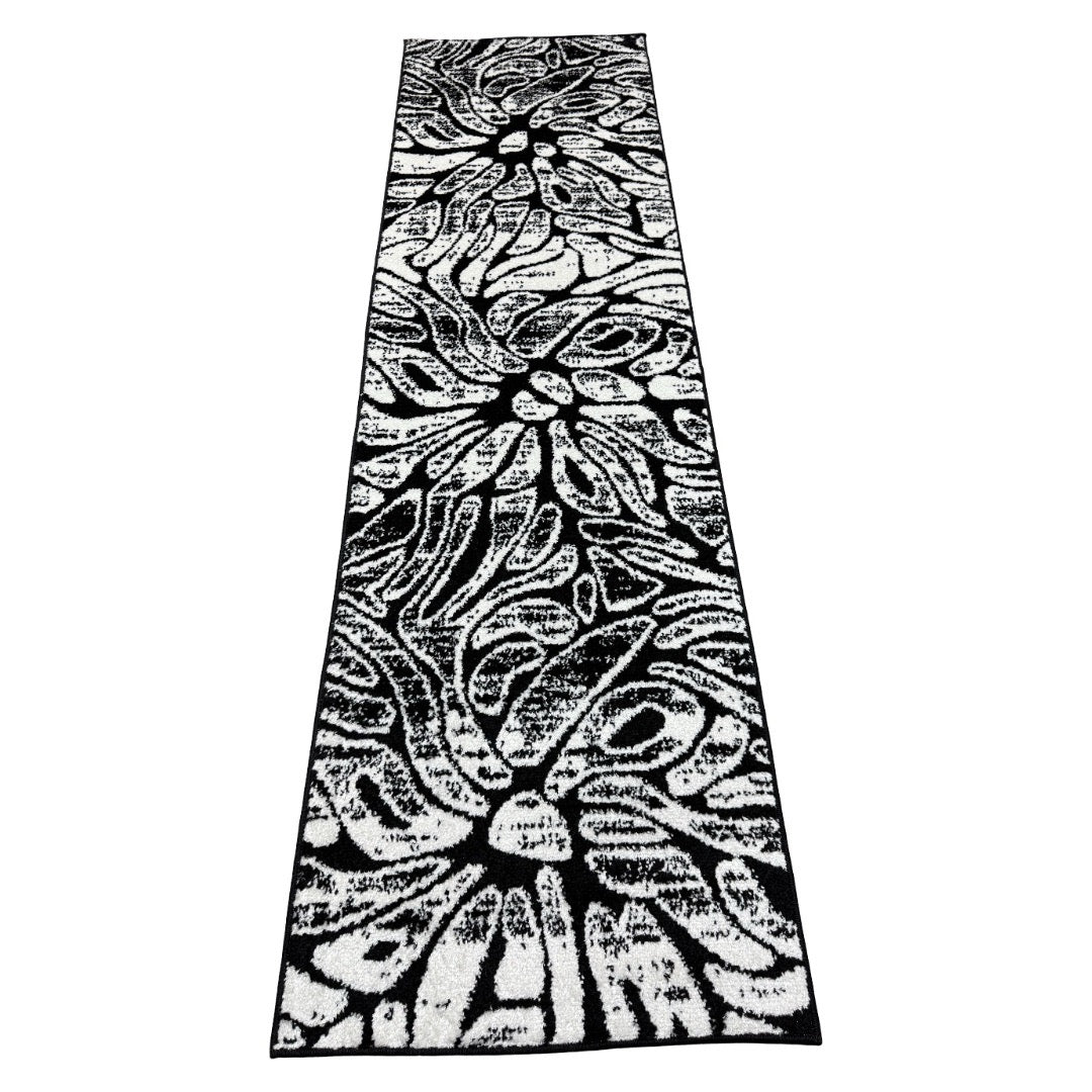 213 x 61 cm Black & White Botanical Floral Runner Rug