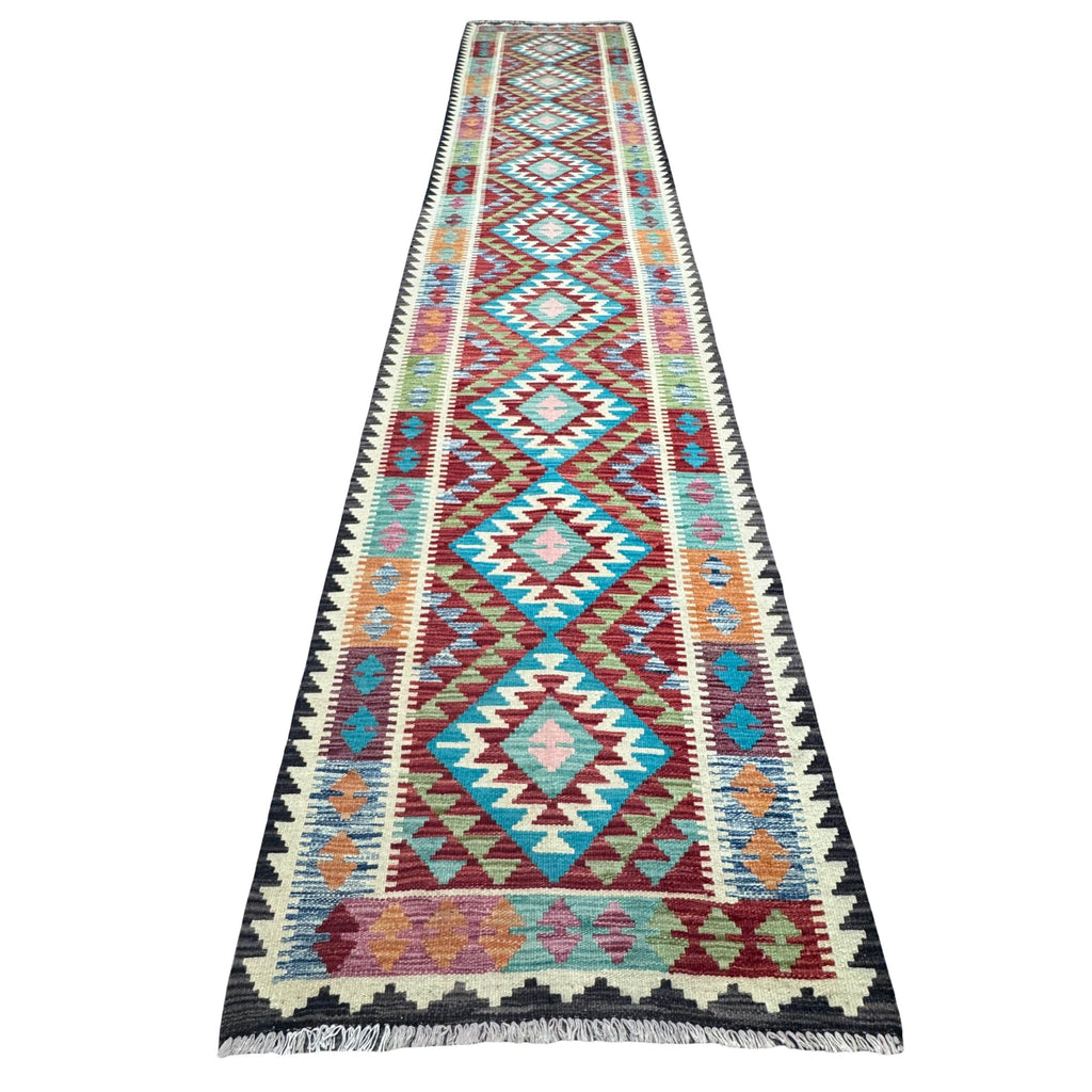 385 x 86 cm Hand-Woven Afghan Kilim Runner Rug – Wool Flatweave