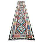 385 x 86 cm Hand-Woven Afghan Kilim Runner Rug – Wool Flatweave