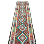 385 x 86 cm Hand-Woven Afghan Kilim Runner Rug – Wool Flatweave