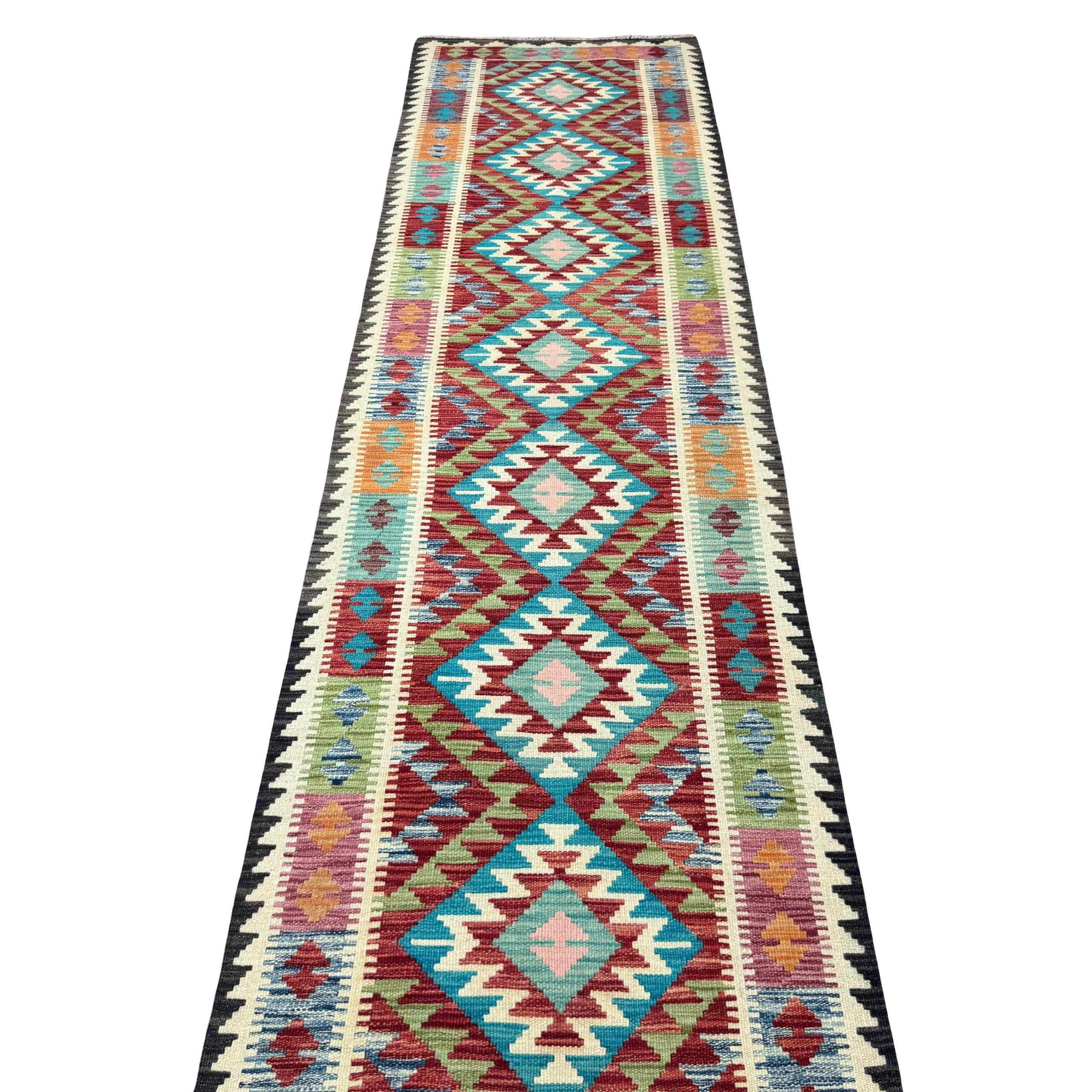 385 x 86 cm Hand-Woven Afghan Kilim Runner Rug – Wool Flatweave
