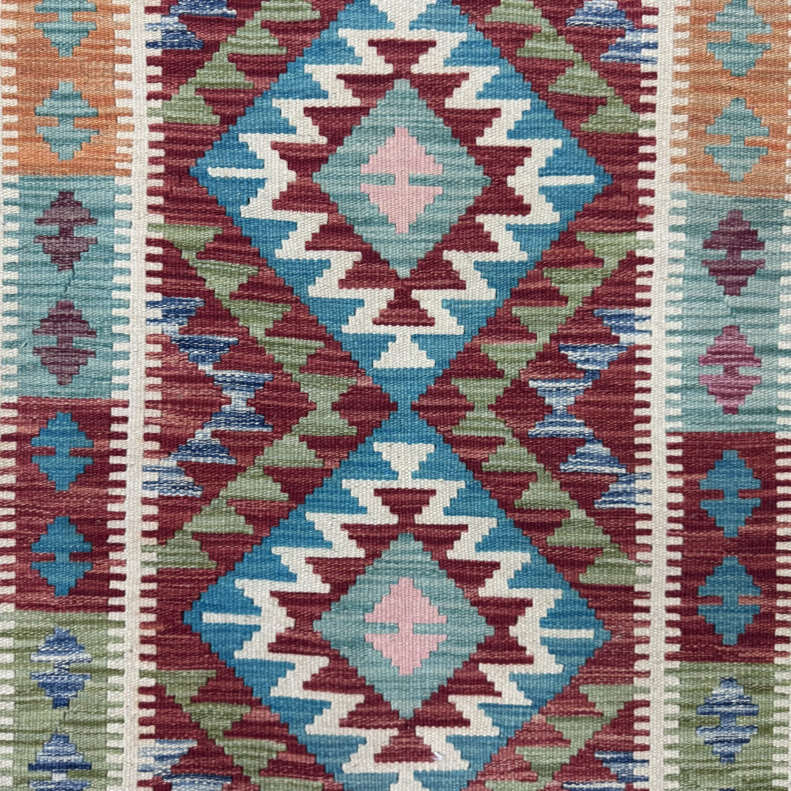 385 x 86 cm Hand-Woven Afghan Kilim Runner Rug – Wool Flatweave