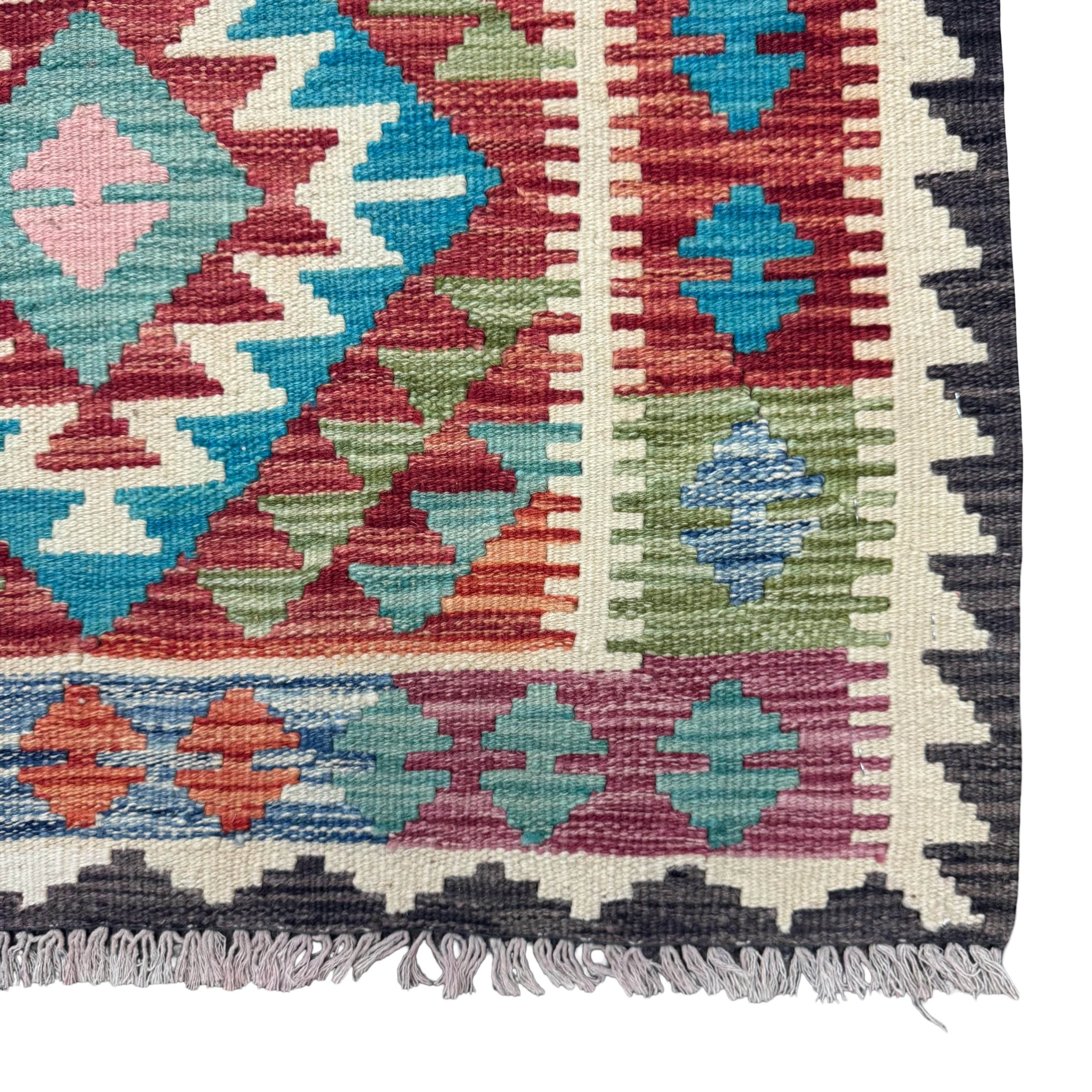 385 x 86 cm Hand-Woven Afghan Kilim Runner Rug – Wool Flatweave