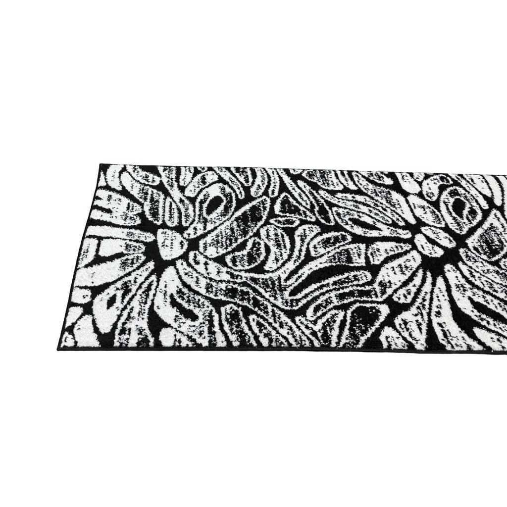 213 x 61 cm Black & White Botanical Floral Runner Rug