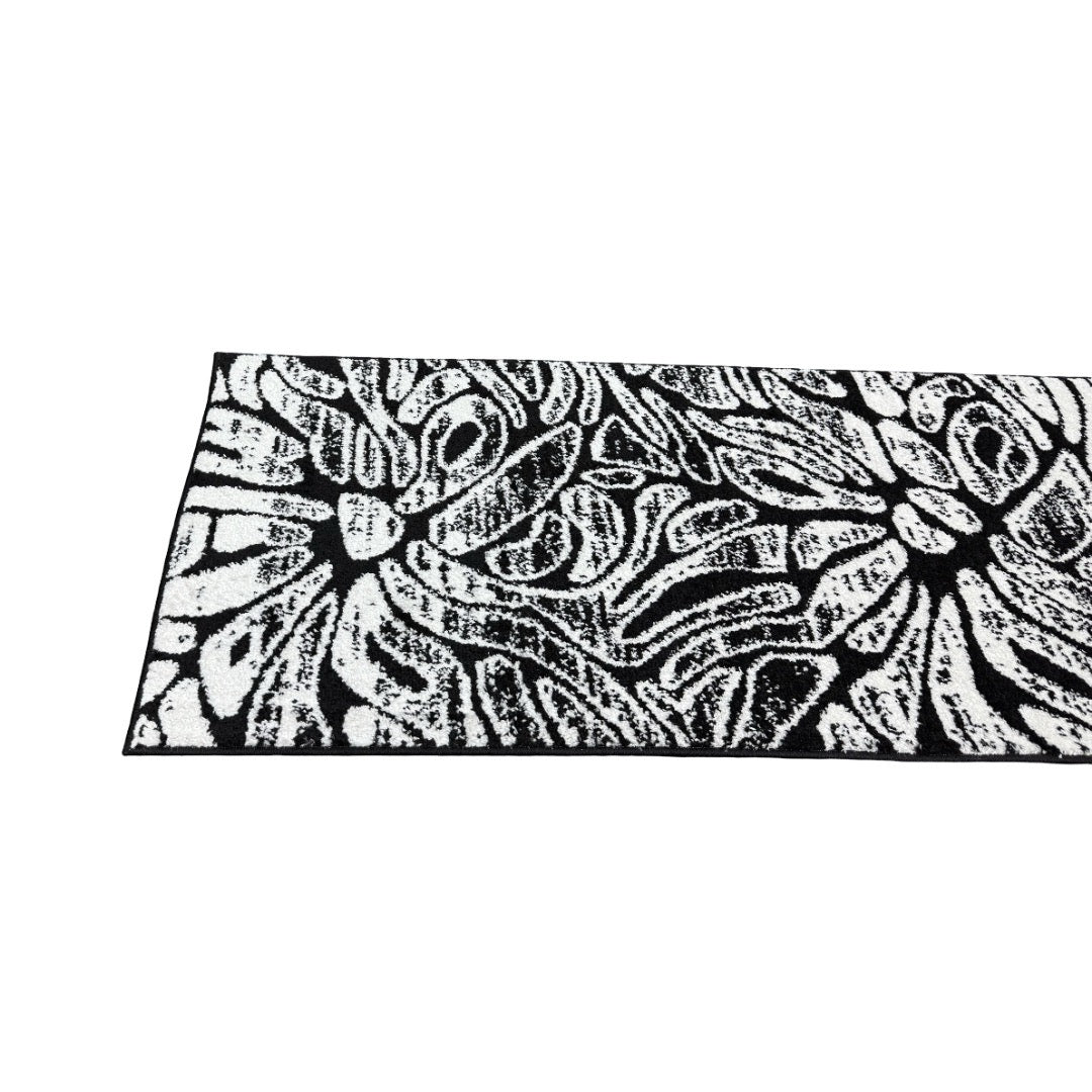 213 x 61 cm Black & White Botanical Floral Runner Rug