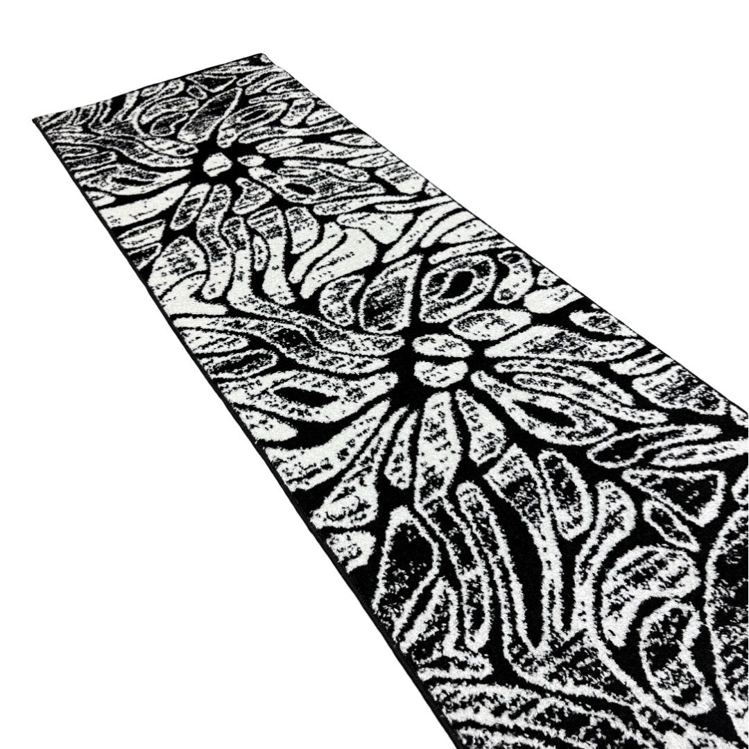 213 x 61 cm Black & White Botanical Floral Runner Rug