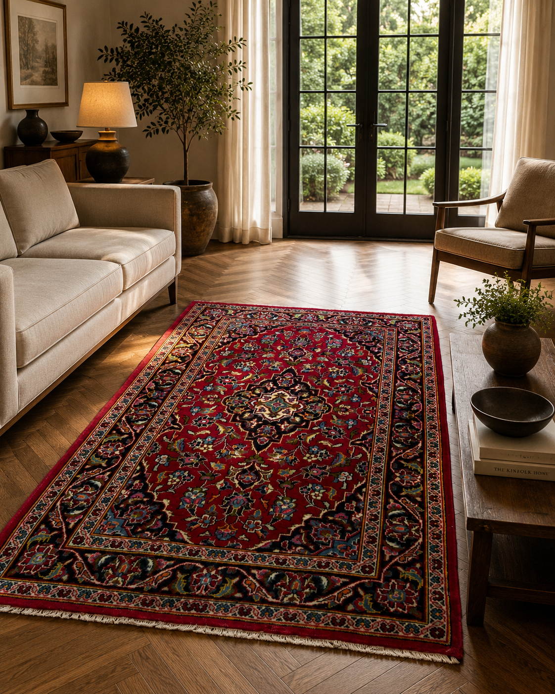 156 x 104 cm Hand-Knotted Persian Kashan Wool Rug