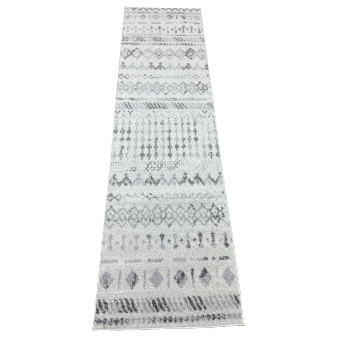 213 x 61 cm Cream & Silver Tribal Geometric Runner Rug
