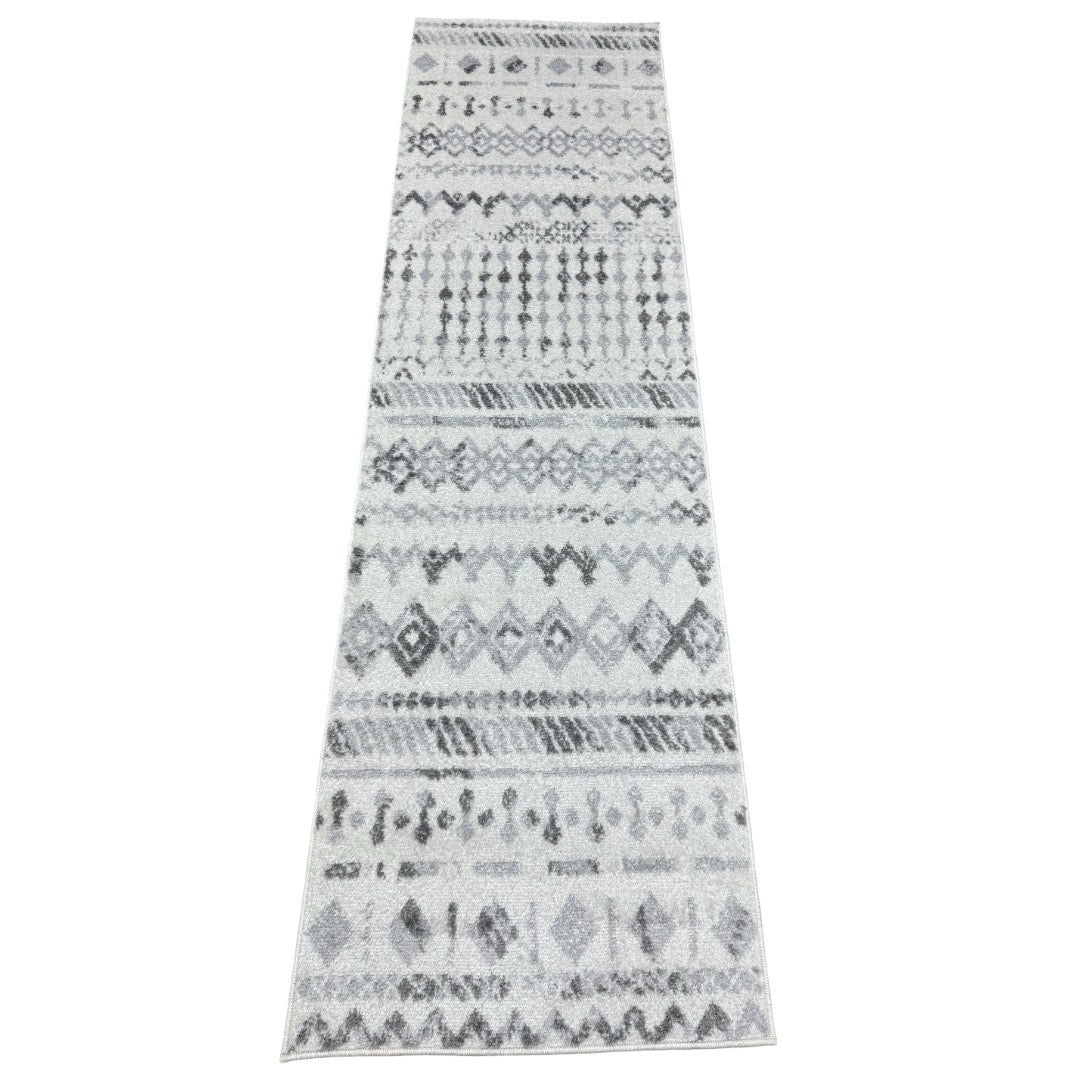 213 x 61 cm Cream & Silver Tribal Geometric Runner Rug