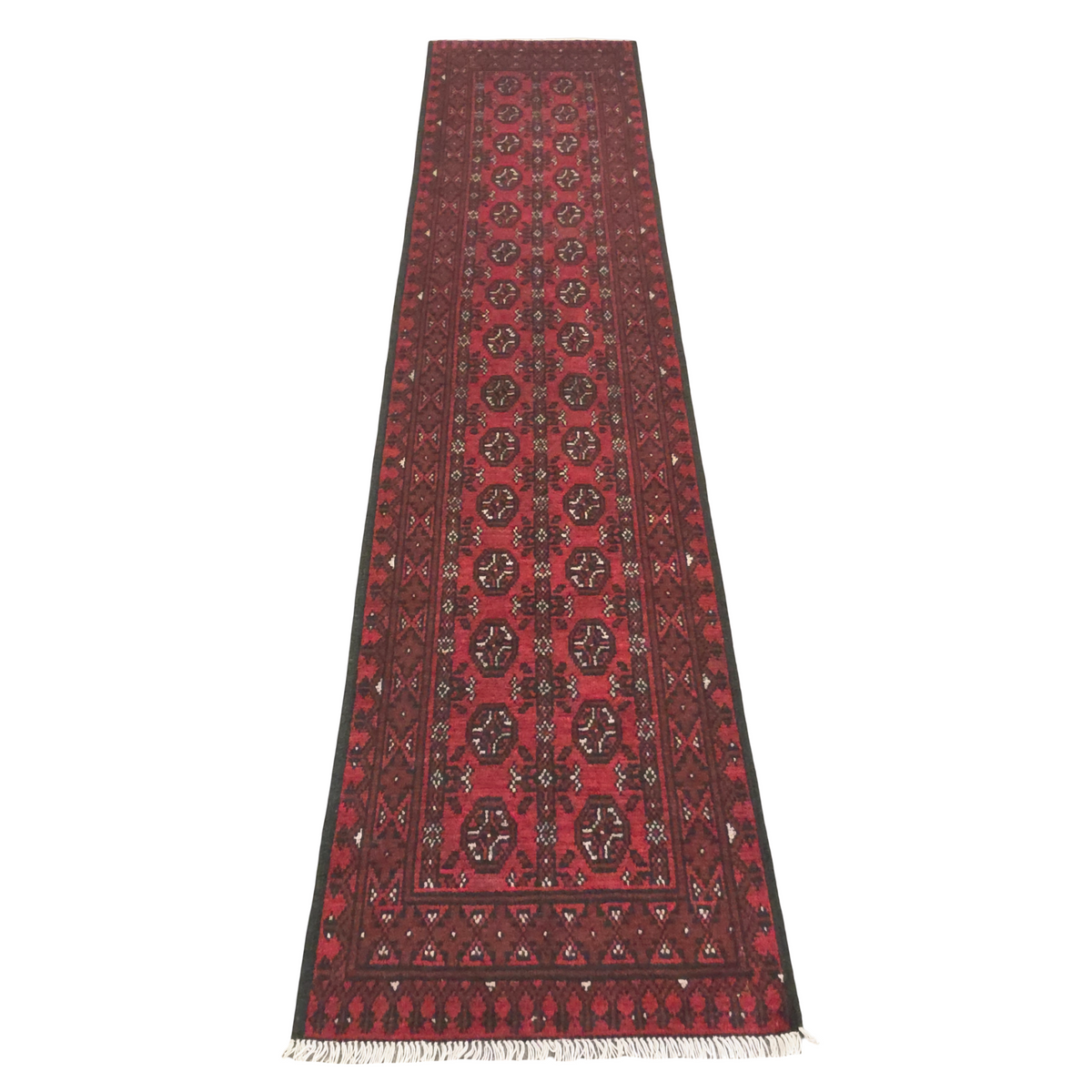 288 x 87 cm Hand-Knotted Red Afghan Akche Runner Rug