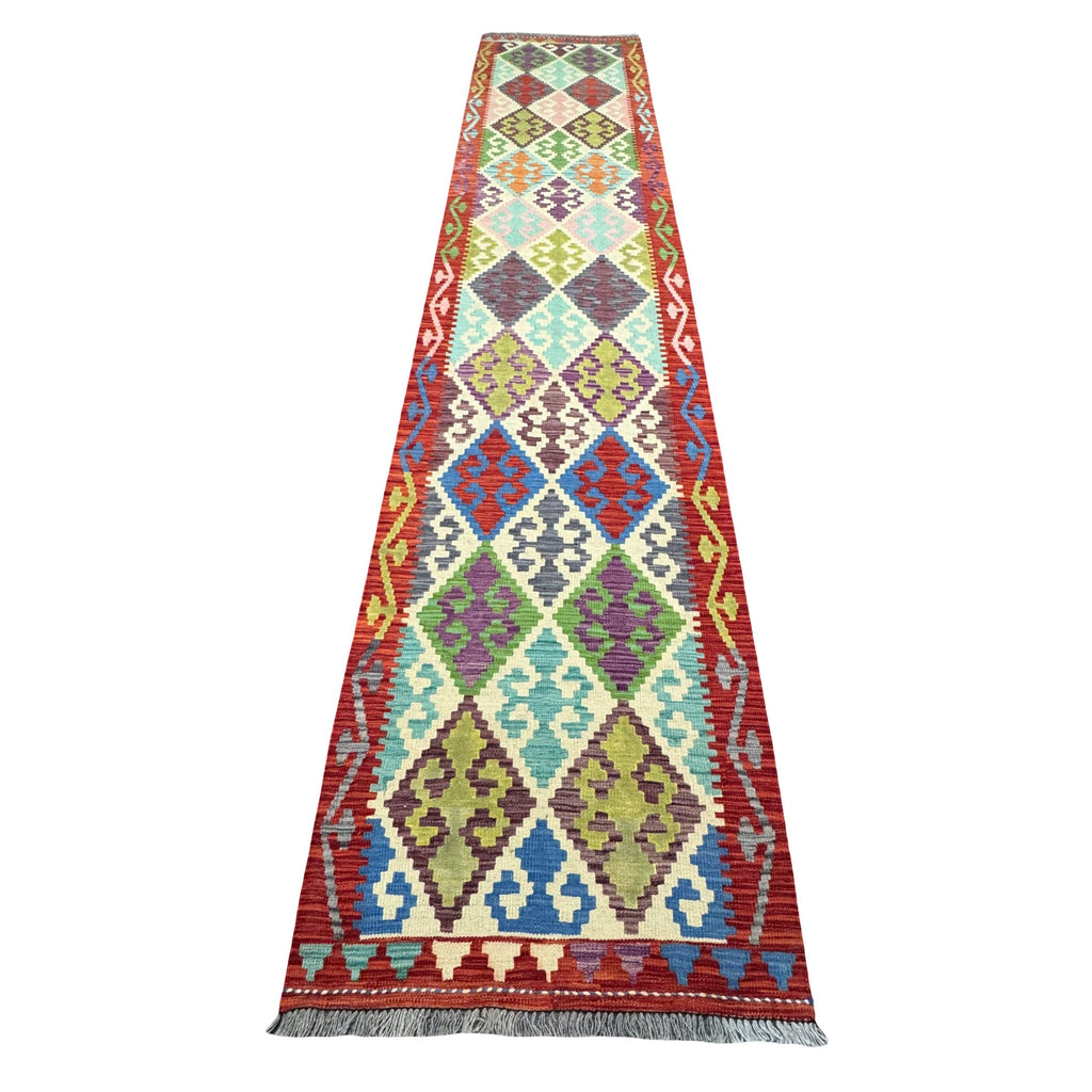 395 x 85 cm Hand-Woven Afghan Kilim Runner Rug – Wool Flatweave