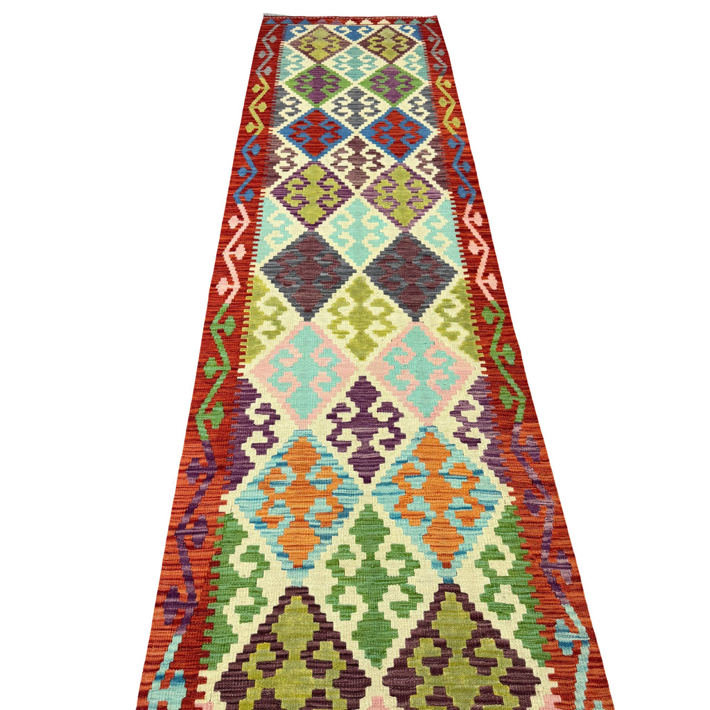 395 x 85 cm Hand-Woven Afghan Kilim Runner Rug – Wool Flatweave