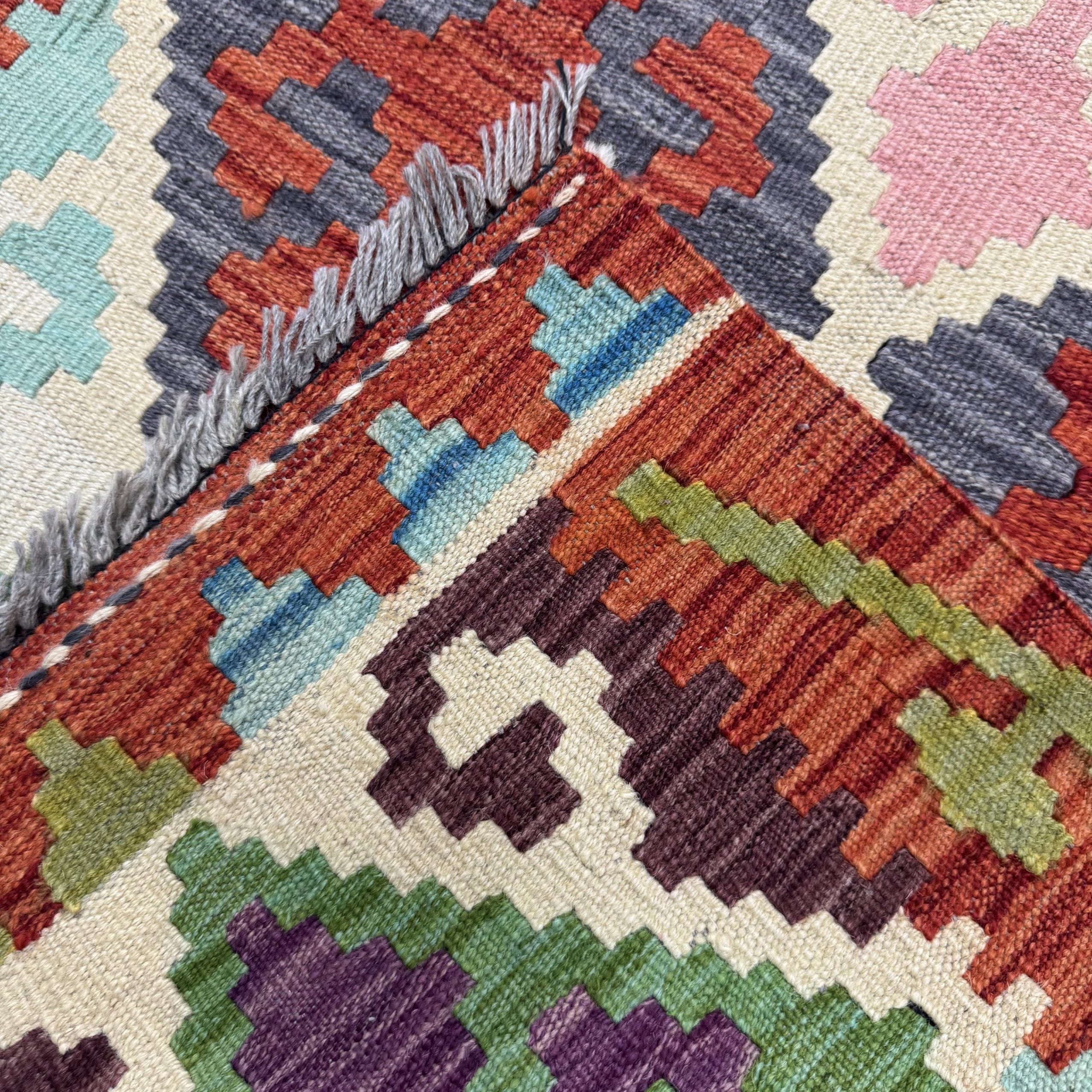 395 x 85 cm Hand-Woven Afghan Kilim Runner Rug – Wool Flatweave