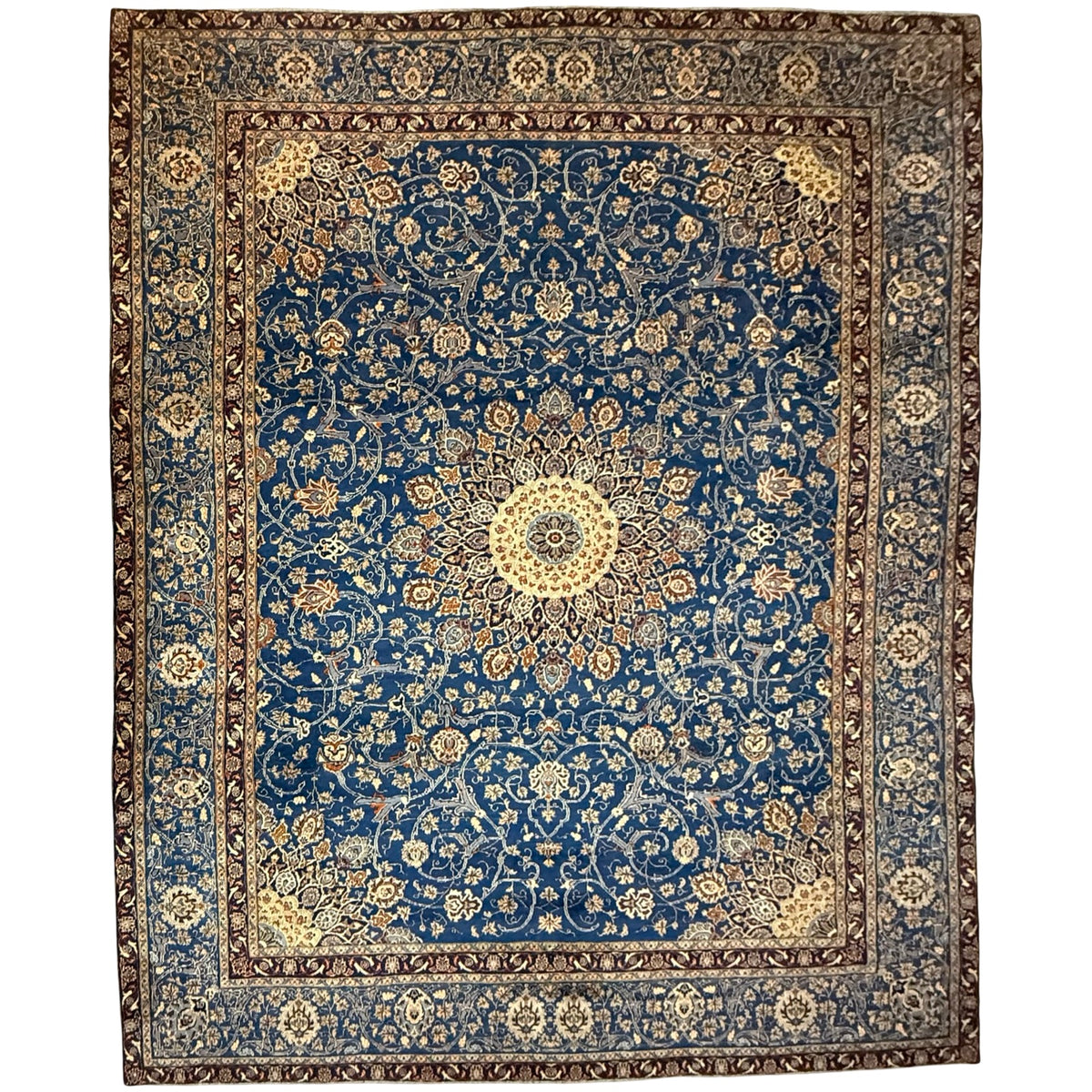 376 x 290 cm Hand Knotted Blue Persian Mashad Rug