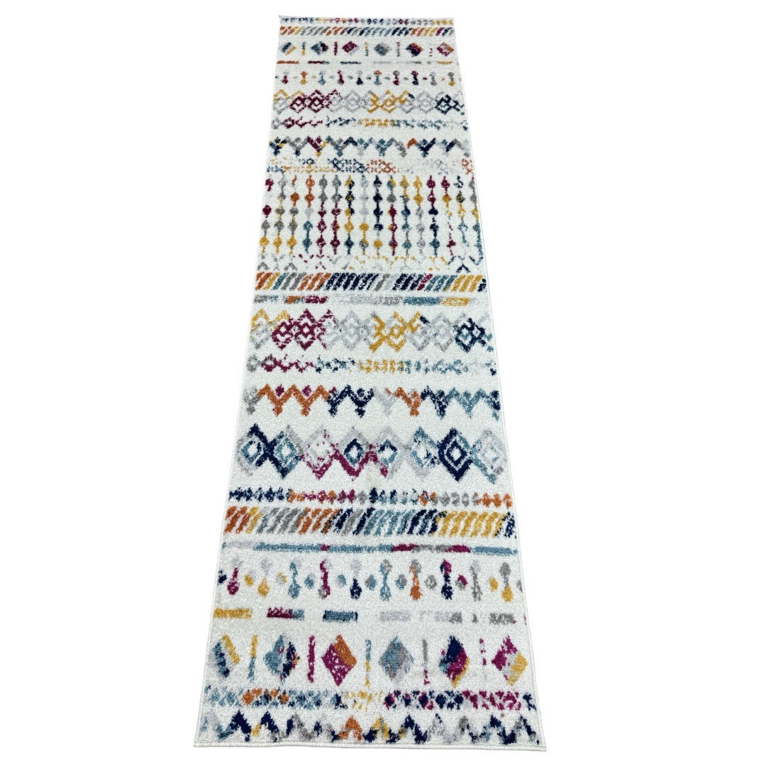 213 x 61 cm Cream & Multicolour Tribal Geometric Runner Rug