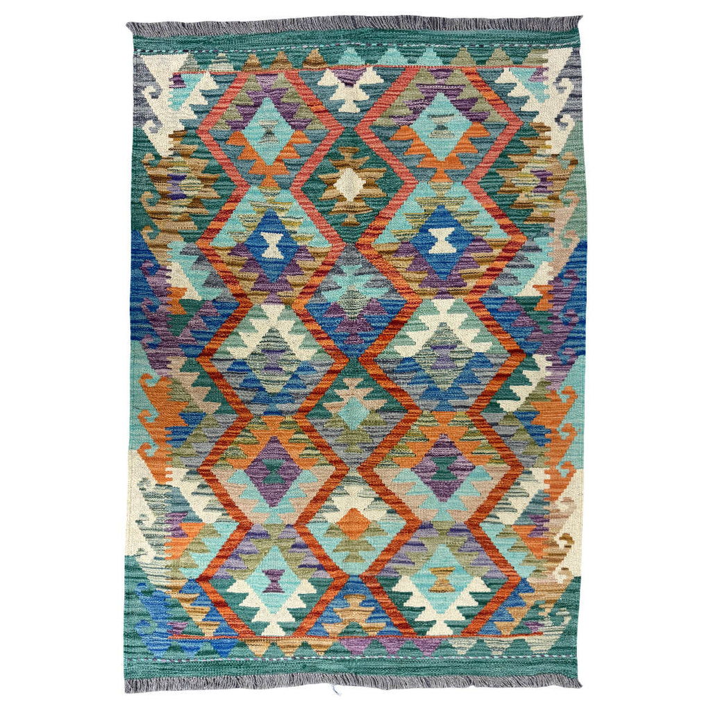 150 × 105 cm Hand-Woven Afghan Kilim Rug – Wool Flatweave