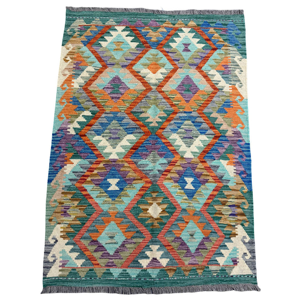 150 × 105 cm Hand-Woven Afghan Kilim Rug – Wool Flatweave