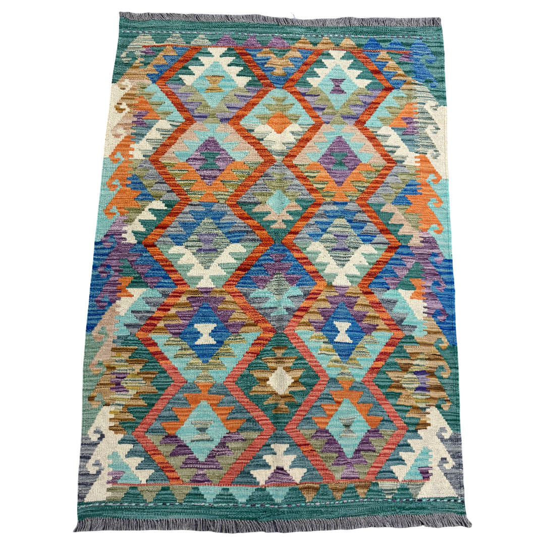 150 × 105 cm Hand-Woven Afghan Kilim Rug – Wool Flatweave