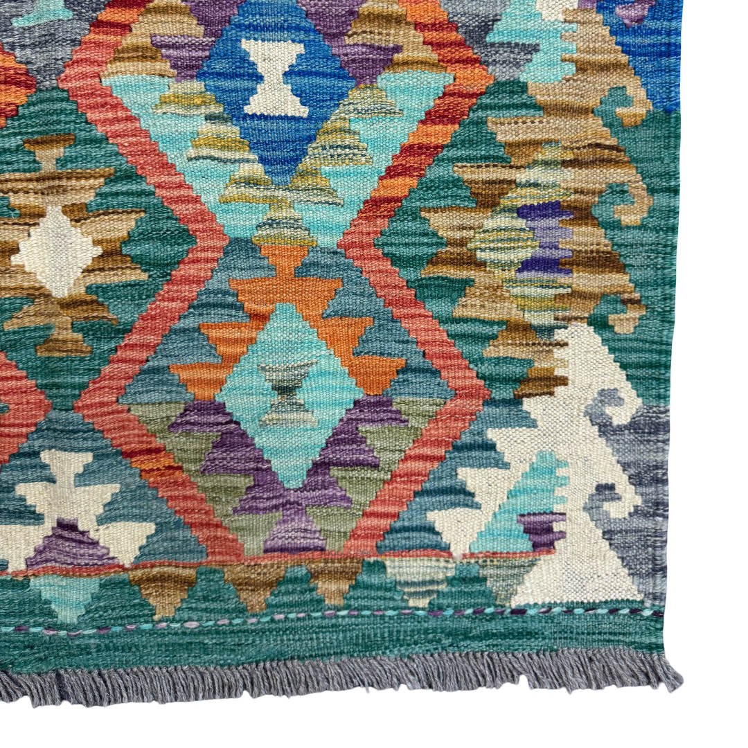 150 × 105 cm Hand-Woven Afghan Kilim Rug – Wool Flatweave