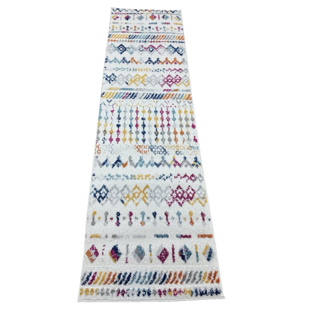 213 x 61 cm Cream & Multicolour Tribal Geometric Runner Rug