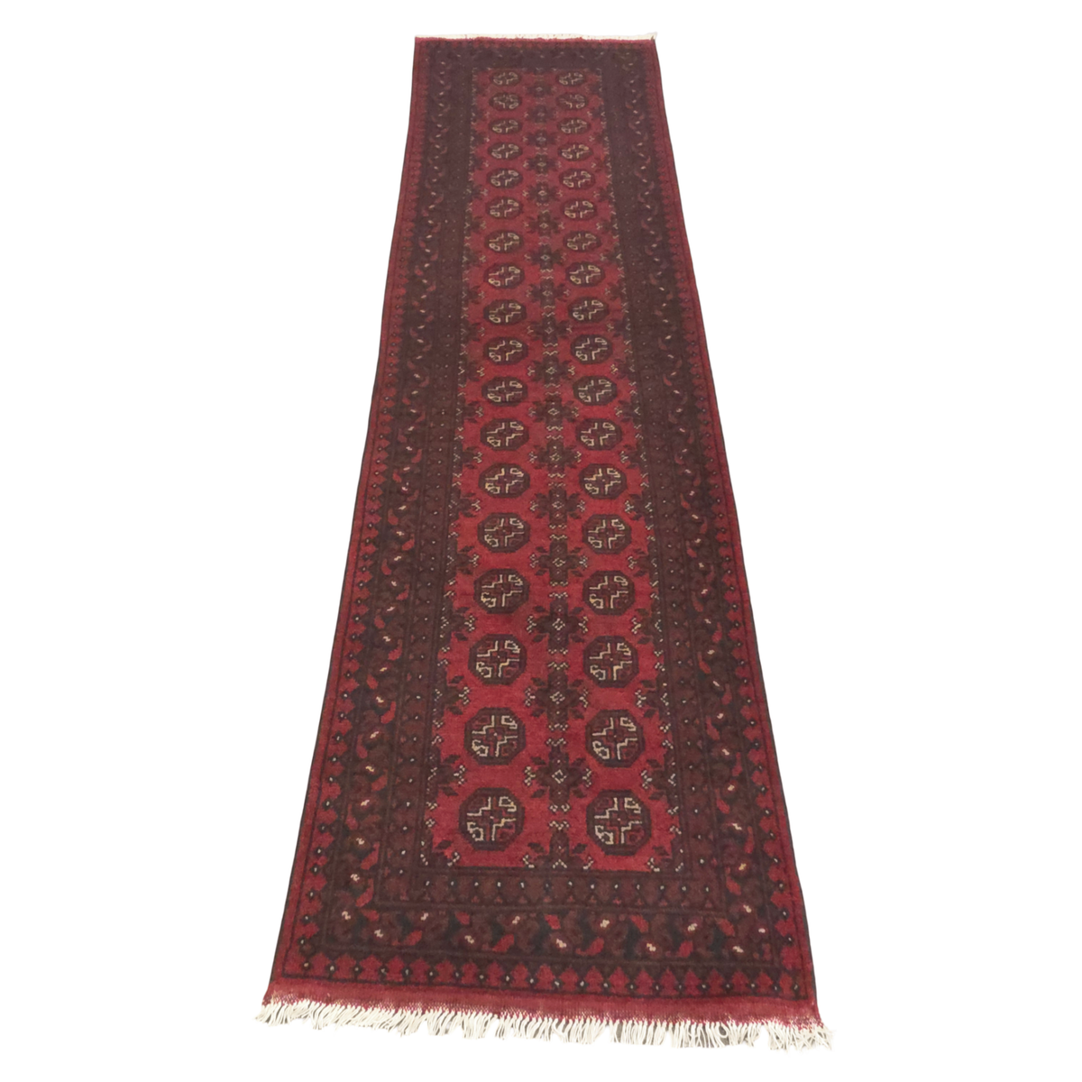 288 x 81 cm Hand-Knotted Red Afghan Akche Runner Rug