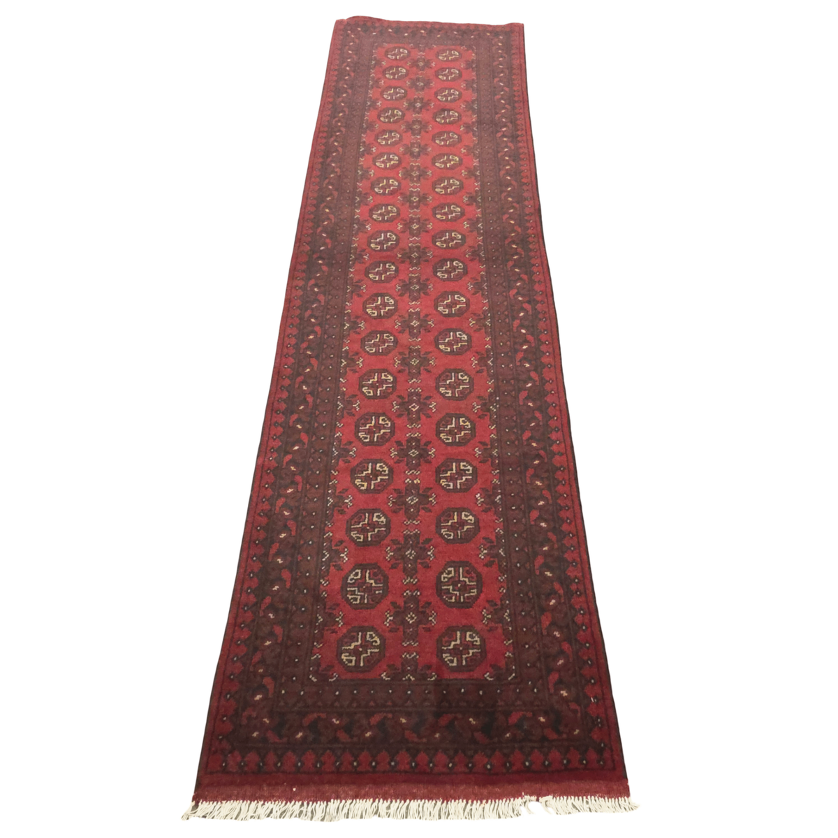 288 x 81 cm Hand-Knotted Red Afghan Akche Runner Rug
