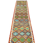 392 x 87 cm Hand-Woven Afghan Kilim Runner Rug – Wool Flatweave