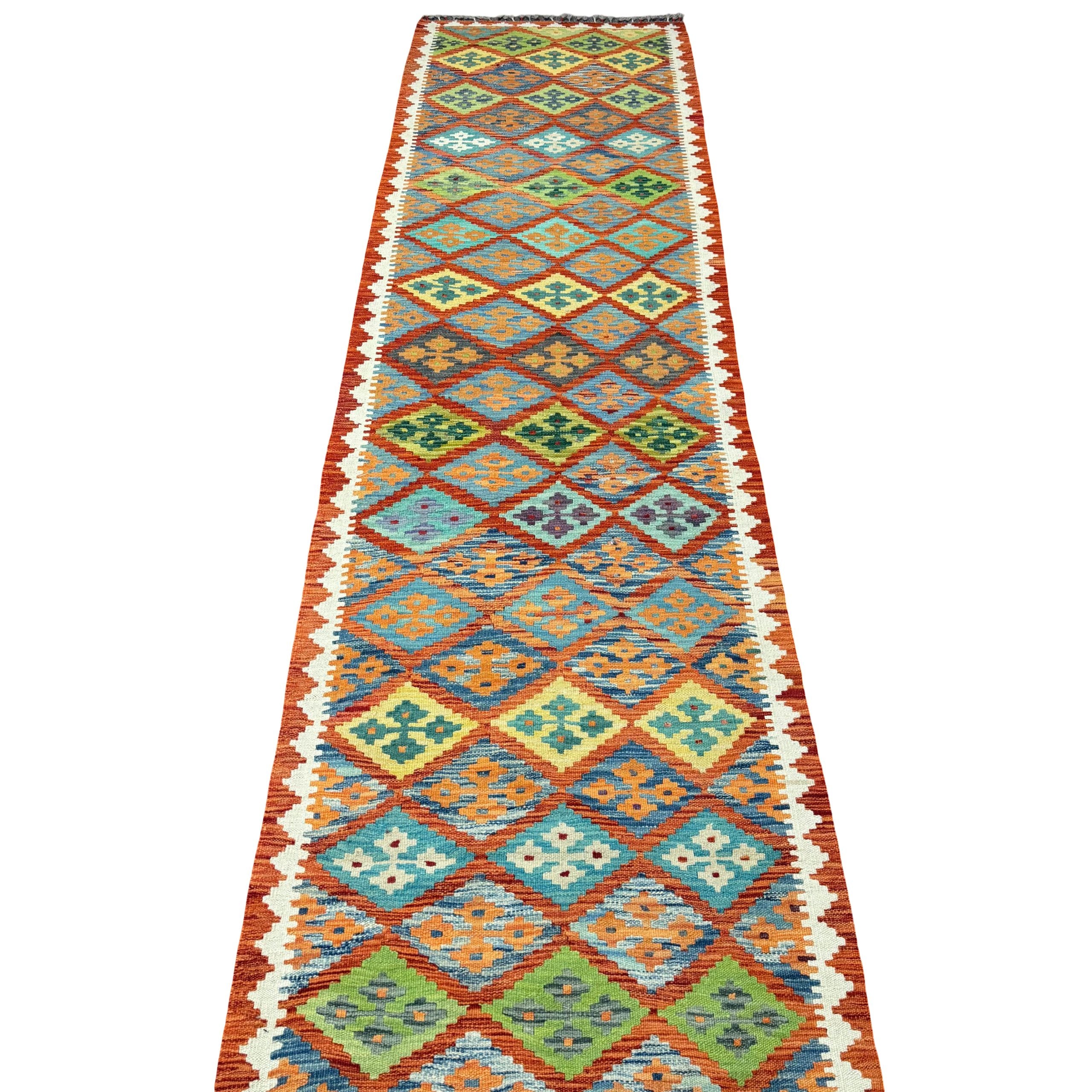 392 x 87 cm Hand-Woven Afghan Kilim Runner Rug – Wool Flatweave