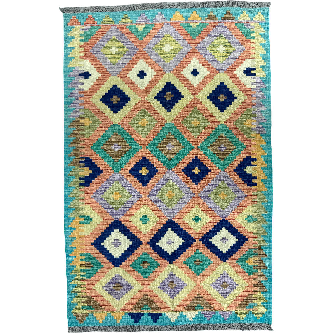 150 × 100 cm Hand-Woven Afghan Kilim Rug – Wool Flatweave