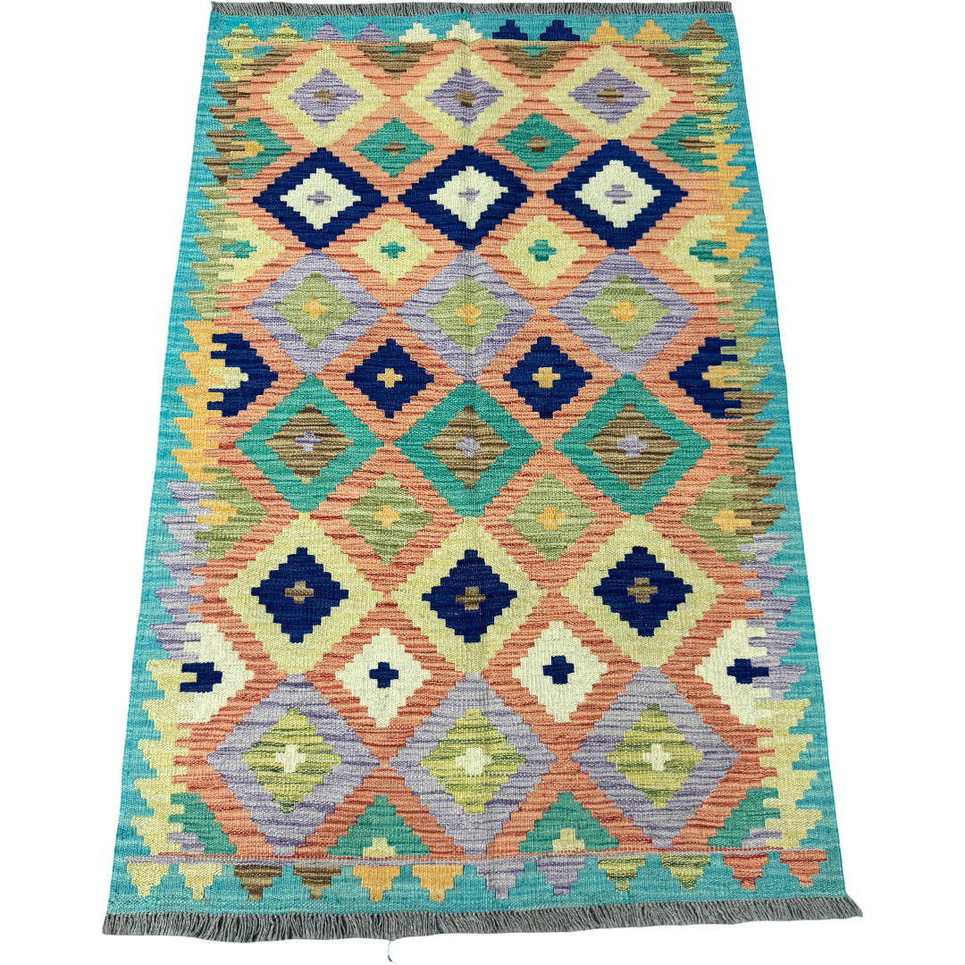 150 × 100 cm Hand-Woven Afghan Kilim Rug – Wool Flatweave