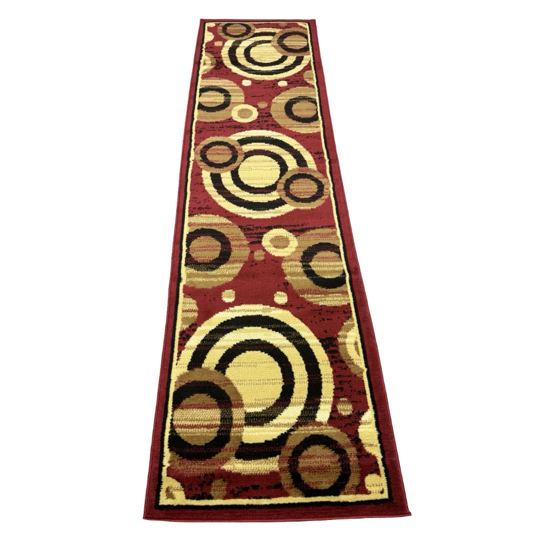 213 x 61 cm Burgundy & Beige Abstract Geometric Circles Runner Rug