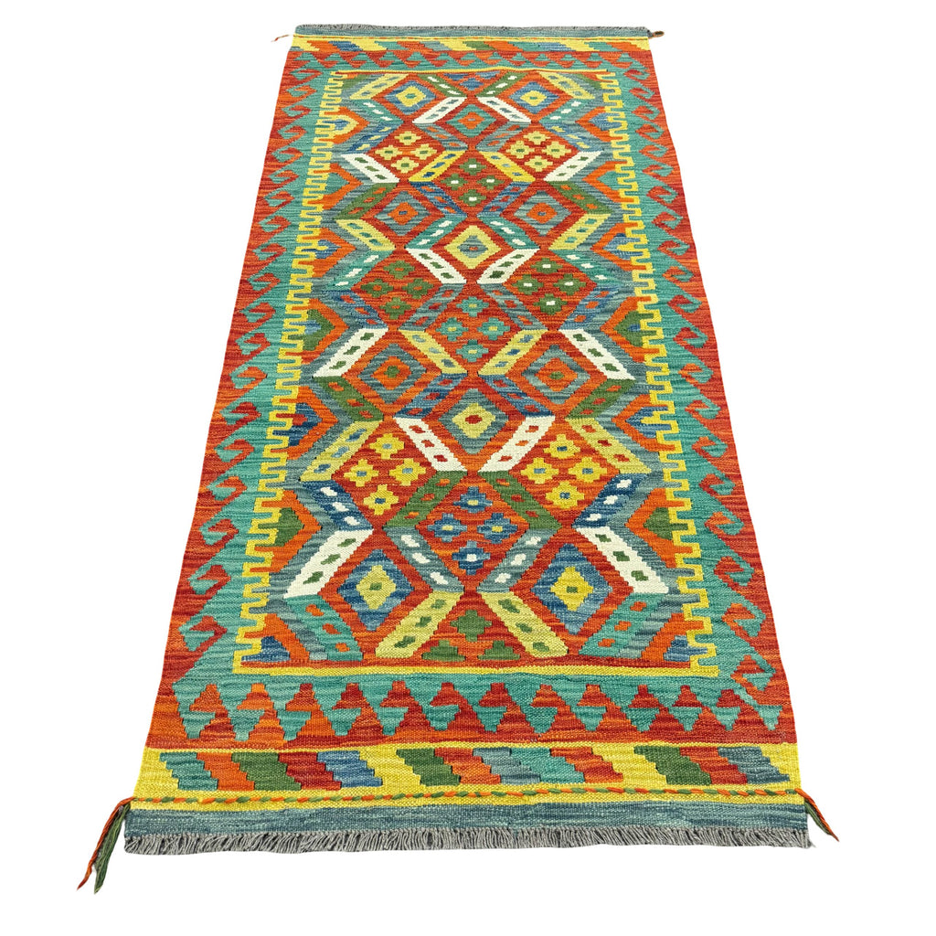 198 x 91 cm Hand-Woven Afghan Kilim Runner Rug – Wool Flatweave