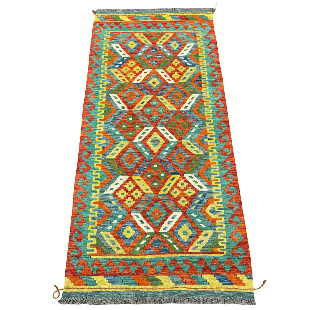 198 x 91 cm Hand-Woven Afghan Kilim Runner Rug – Wool Flatweave